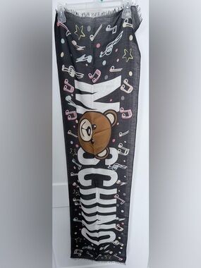 Moschino Musical Bear Graphic Scarf - Black with Brown & Pastel Accents